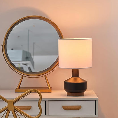 GLOBE Electric 61000046 15" Ceramic Table Lamp, Matte Black, Wood Toned Base, White Linen Shade, Dual Rotary Switch on Socket, Modern Lighting for Bedroom or Office, Home Décor, Lights for Nightstand