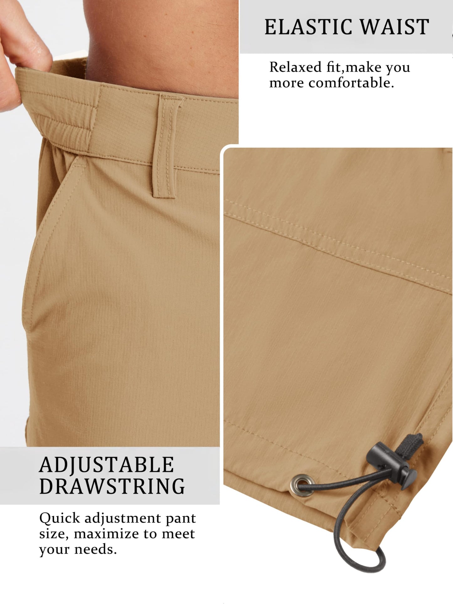 TACVASEN Men's Cargo Shorts Hiking Quick Dry 3/4 Long Shorts Below Knee Work Water Resistant Capri Pants with Drawstring Khaki