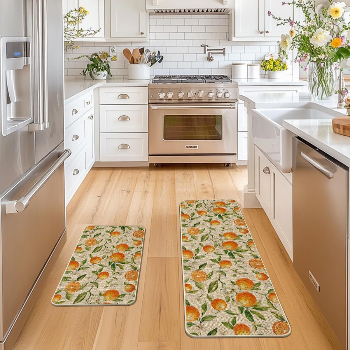 Artoid Mode Orange Spring Kitchen Mats Set of 2, Home Decor Low-Profile Kitchen Rugs for Floor - 17x29 and 17x47 Inch