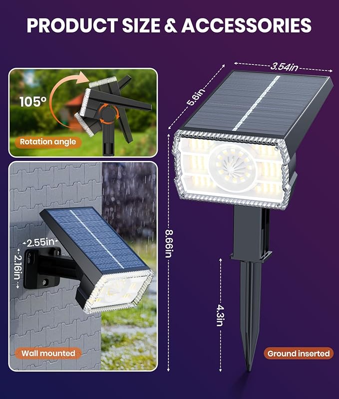 Solar Spotlights Focus Lights Outdoor Waterproof IP65,Multicolor,RGB,4 Pack,6 Color,2 Lighting Modes,105°Adjustable 58 LED Spot Lights Solar Prowered Flood Light for Yard/Landscape/Garden/House