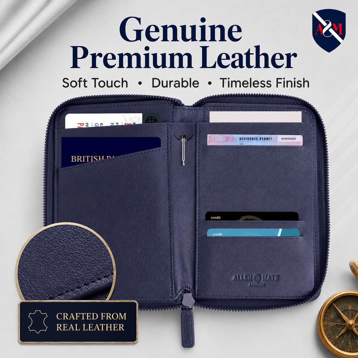 ALLEN & MATE 100% Leather Passport Holder for Travel RFID Blocking Passport Wallet for Men & Women - Zippered Compact Travel Document Organizer Fits Cash, Cards, SIM, ID and Tickets