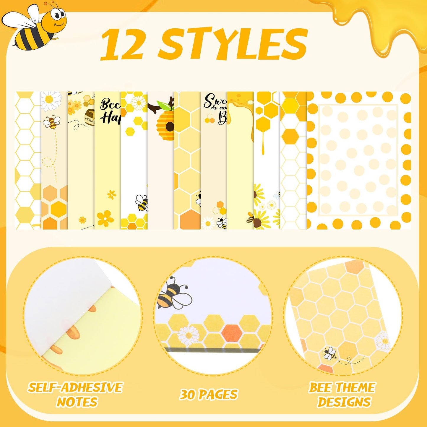 Chiisong 12 Pieces Bee Sticky Notes Bee Notepads Gifts 3x4 Inch Adhesive Honey Memo Notes for Women to Do List for Memo Reminder List for Office Home Supplies Teachers Gift