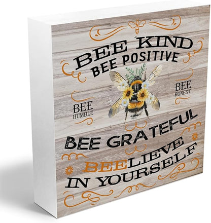 Inspirational Bee Decorations Wooden Box Sign, Vintage Bee Decor, Rustic Farmhouse Home Living Room Desk Table Shelf Decor Decorations, Motivational Positive Affirmations Wood Block Plaque