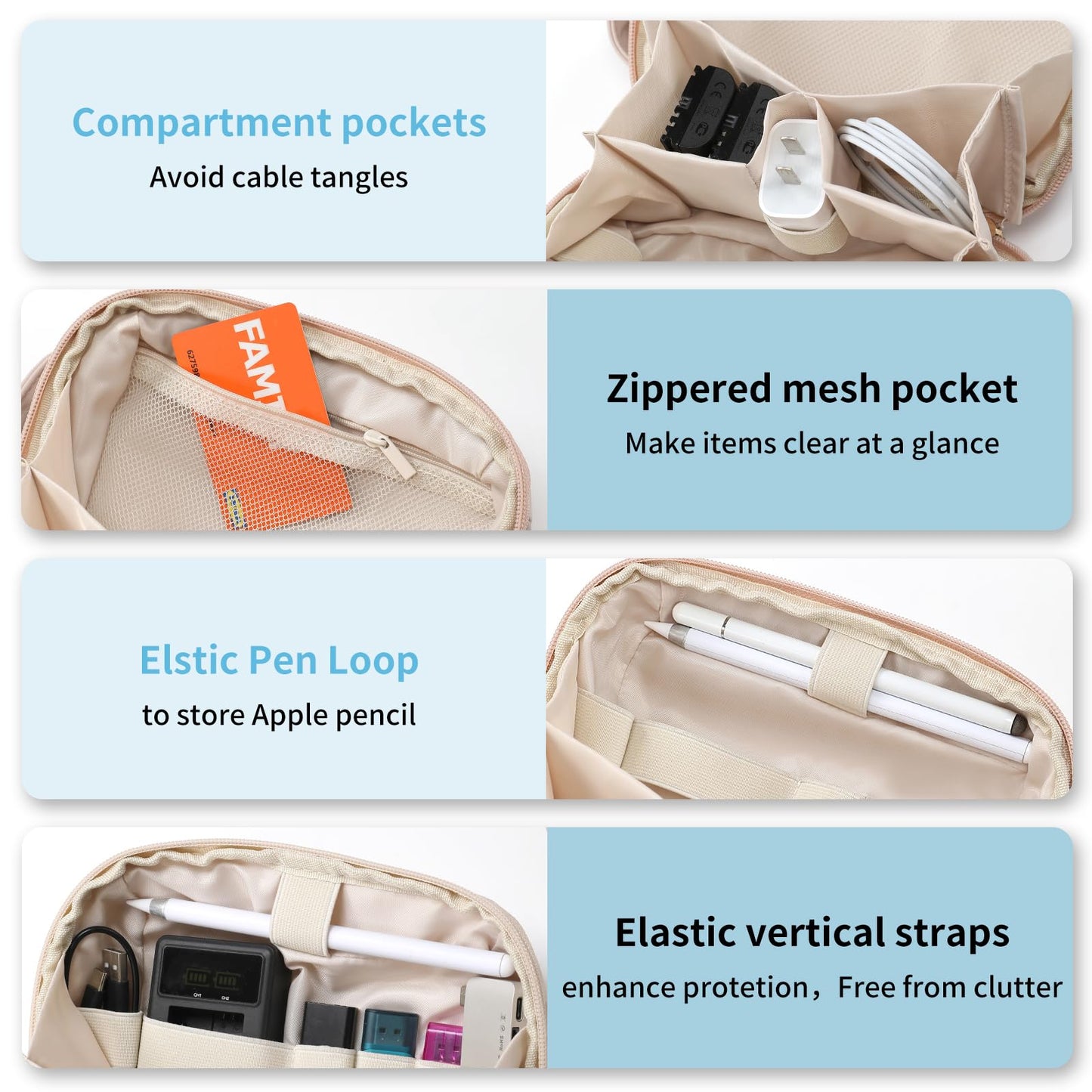 RIGHT AWAY Tech Pouch Electronics Organizer Travel Case, Cord Organizer Bag Cable Accessories Carry Storage for Essentials,Charger, Phone, Earphone,Flash Drive,Beige