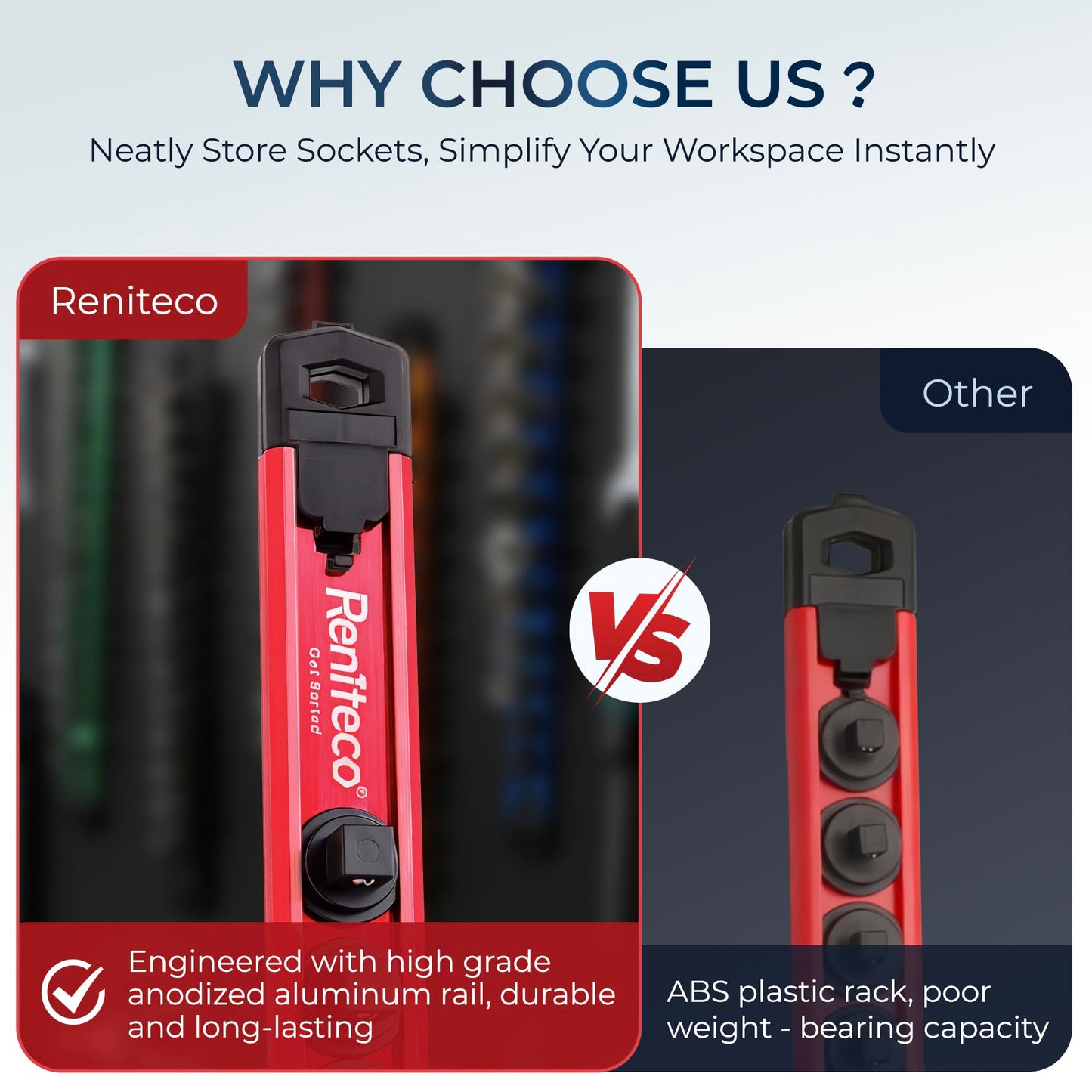 Reniteco Magnetic Socket Organizer Set, 3PC 3/8-Inch Drive Aluminum Alloy Socket Rail, Heavy Duty Magnetic Socket Holder for Tool Box Drawer, 360° Swivel Socket Rack, 3/8" x 42 Clips, Red