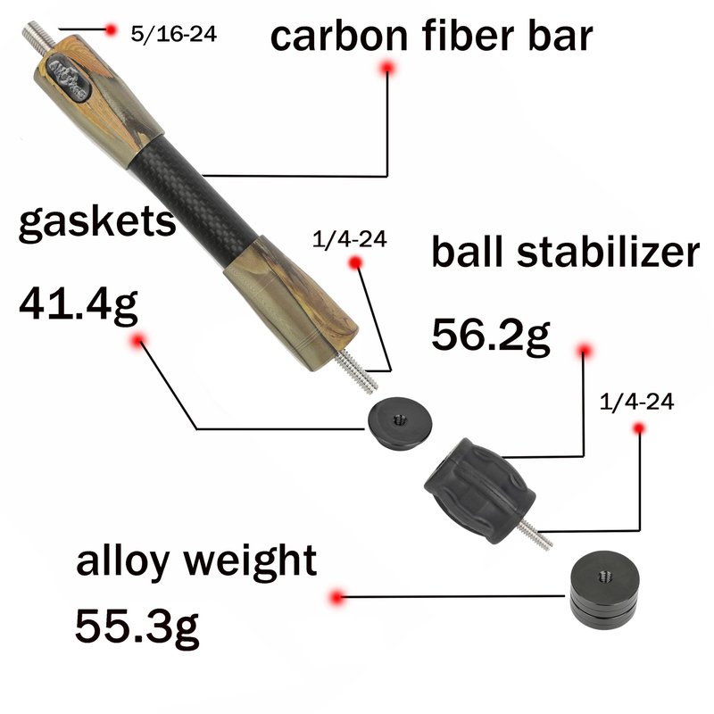 HNZMDY Archery Bow Stabilizer for Compound Bow, 6", 8",10",12",15" Carbon Fiber Blance Bar, Damping System and Shock Absorber Weights Kit (15 inch, Black camo)