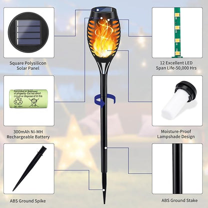 KYEKIO Solar Torch Light with Flickering Flame, 12Pack Solar Lights Outdoor, Waterproof Halloween Lights for Yard Garden, Luces Solares para Exteriores, Torches Lighting for Outside Patio Decorations