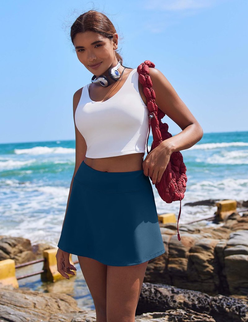 PINSPARK Tennis Skirts for Women Workout Golf Skorts Pleated High Waisted Athletic Skirt with Pockets,Dark Blue Small