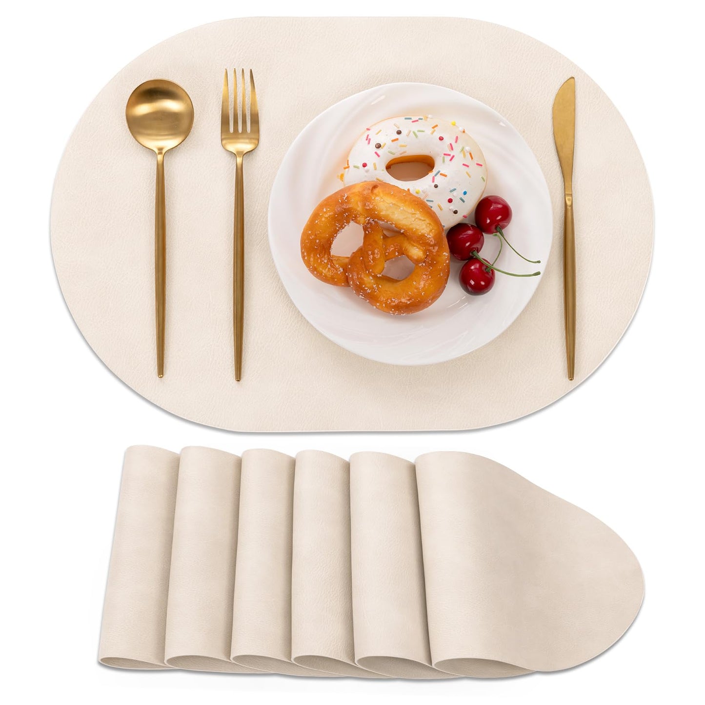 SHACOS Faux Leather Oval Placemats Set of 6 Waterproof Heat Resistant Washable Wipeable Place Mats Solid Table Mats for Kitchen Dining Room Decor, White Oak Beige