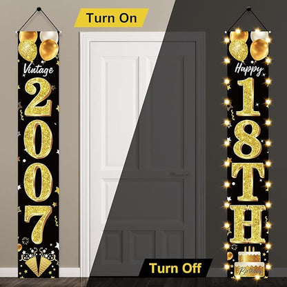 18th Birthday Party Banner Lighted Decorations for Men and Women - Black Gold Vintage 2007 18th Birthday Door Banners with LED Light, Eighteen Years Birthday Party Supplies for Indoor Outdoor Decor