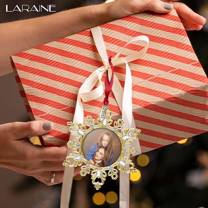 Laraine Christmas Tree Ornaments – Decorative Hanging 2025 Holiday Keepsake Gift Snowflake Pendant with 2” Photo Frame Insert for Picture of Pet (Snowflake Gold (2025))