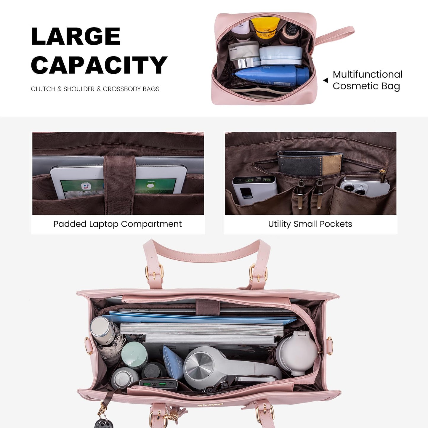 LOVEVOOK Laptop Bag for Women - 15.6 inch Lightweight PU Laptop Tote, Large Capacity Computer Bag with Clutch Purse for Business, Work, Office, Travel, Pink