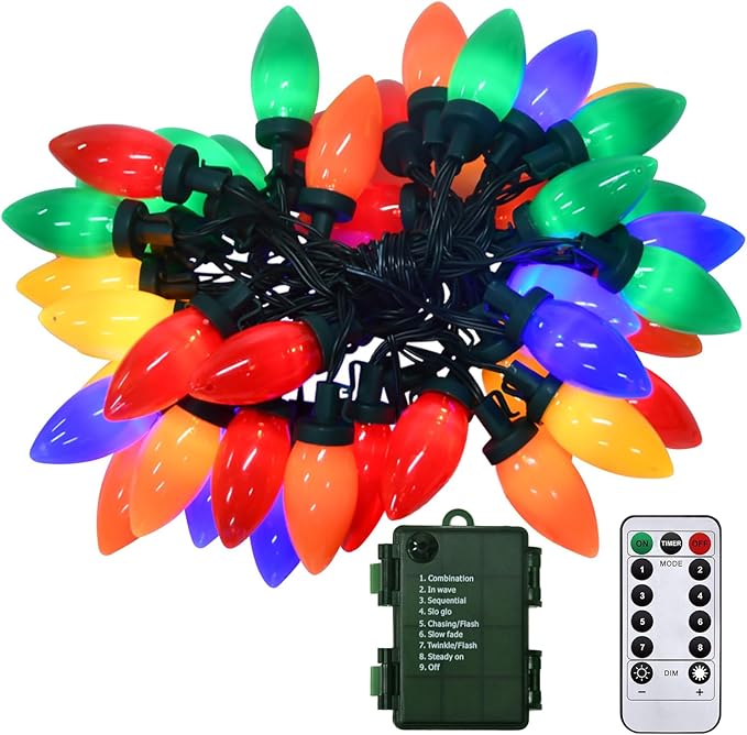 27.5Ft C9 LED Christmas Lights Battery Operated with Remote, LED Multicolor Outdoor Christmas Tree Lights Waterproof with 8 Mode Twinkle, for Christmas Tree Stair Yard Home Decor, 50 Bulbs