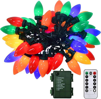 27.5Ft C9 LED Christmas Lights Battery Operated with Remote, LED Multicolor Outdoor Christmas Tree Lights Waterproof with 8 Mode Twinkle, for Christmas Tree Stair Yard Home Decor, 50 Bulbs