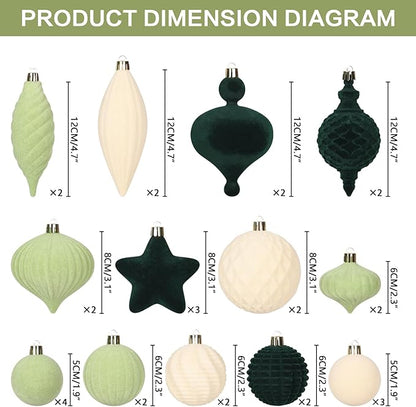 SY Super Bang 30PCS Velvet Christmas Ornaments Set, Flocked Shatterproof Assorted Hanging Xmas Tree Ball Decorations, for Home Party Holiday Decor, Deep Green, Beige, Light Green