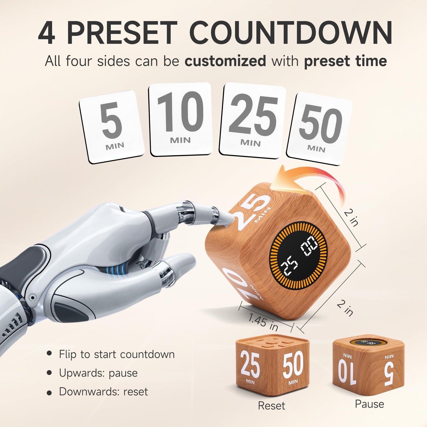 Exlliy Rotating Productivity Timer 5, 25, 10, 50 Minutes Preset, Desk Cube w/Gravity Sensor for ADHD, Mute Functions, Ideal for Work, Study, Kitchen, Back to School (1, Wood Grain Finish)