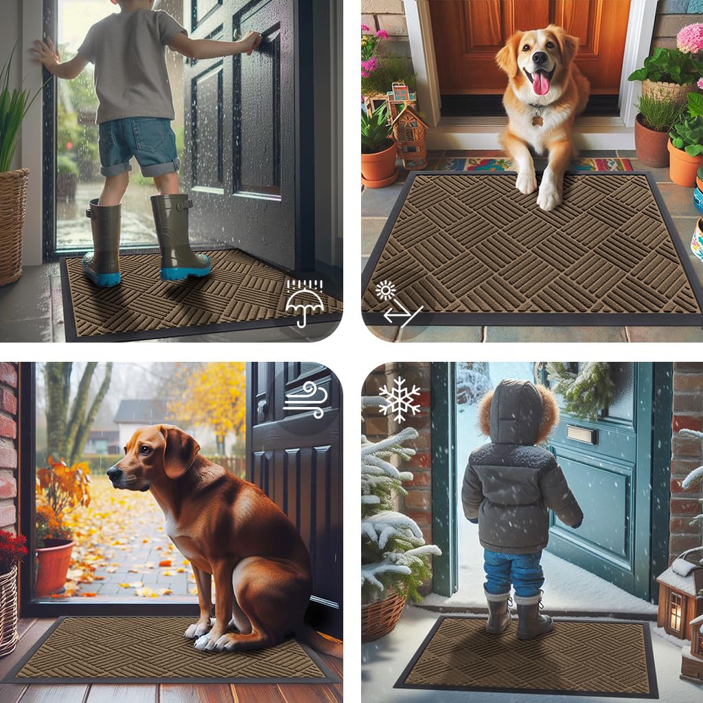 Smiry Front Door Mat Outside Entrance, Heavy Duty Outdoor Indoor Natural Rubber Doormat, Non Slip, Trap Dirt and Moisture, Easy Clean, Low Profile Patio Porch Entryway Mat, 35x23, Brown
