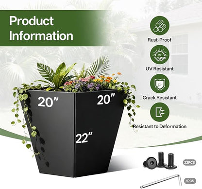 Metal Planter Box, 20" x 20"x 22", Heavy-Duty Galvanized Steel Outdoor Planter with Drainage Holes, Rectangular Planter for porches, Gardens, patios, and courtyards，Black