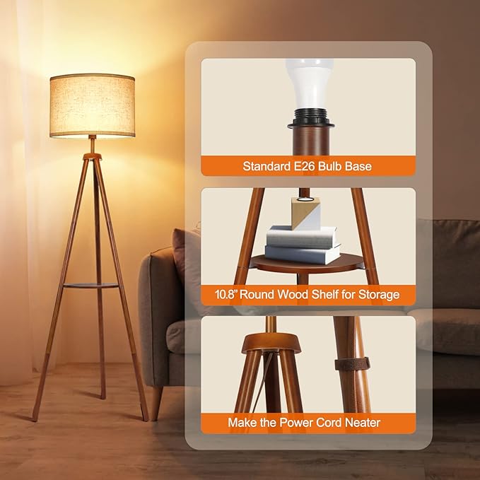 OUTON Wood Tripod Floor Lamp with Shelves, Mid Century LED Modern Dimmable Floor Lamp with Remote Control, Sturdy Tall Standing Lamp with Beige Linen Texture Shade for Living Room, Bedroom, Office