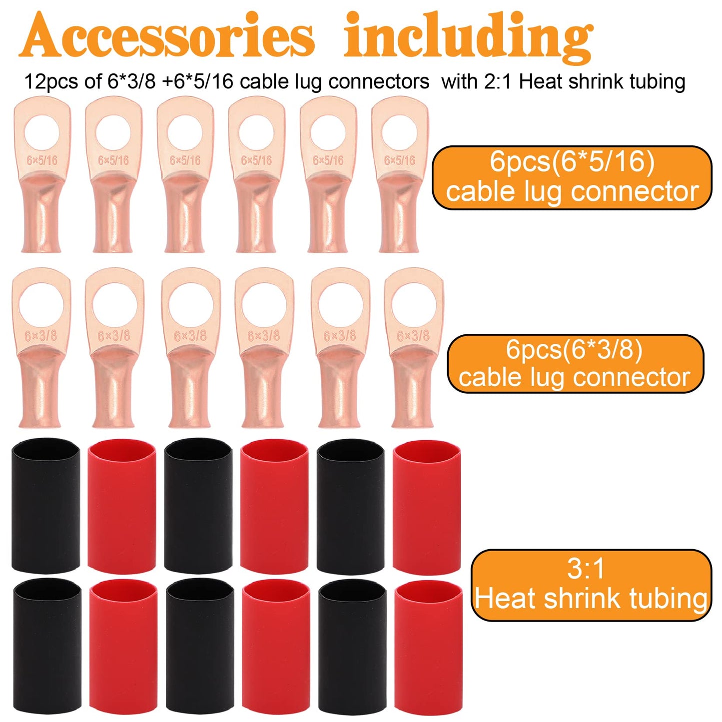 Taukealugs 6 AWG Gauge Wire UL1015 Battery Power Tinned Oxygen Free Copper OFC Welding Cable Boat Inverter Red Black Total 13.1FT and Lugs Terminal Connectors with Heat Shrink Tube