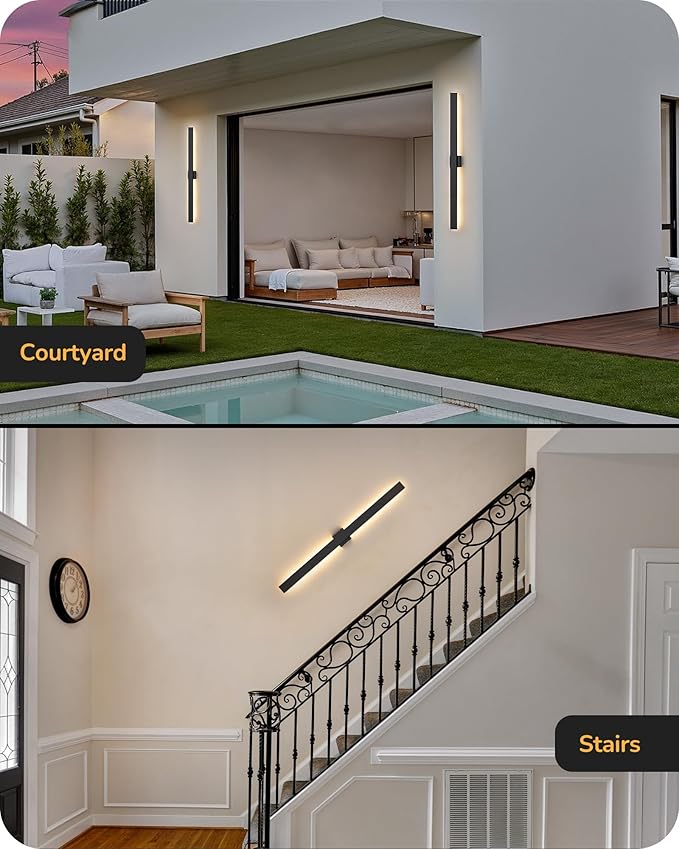 EDISHINE 47" LED Outdoor Wall Lights, 3CCT & 10%-100% Dimmable, IP65 Waterproof, Modern Exterior Lighting Fixtures, Linear Long Exterior Wall Light for House, Yard, 2 Pack, Black
