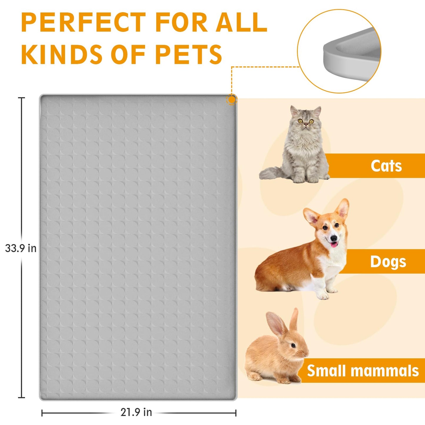 Extra Large Silicone Dog Food Mat 33.9"x21.9" – 0.27" Raised Edge Waterproof Pet Feeding Mat, Non-Slip Placemat for Multiple Bowls, Auto Feeders, Cat Fountains, Dishwasher Safe (Black/Gray)