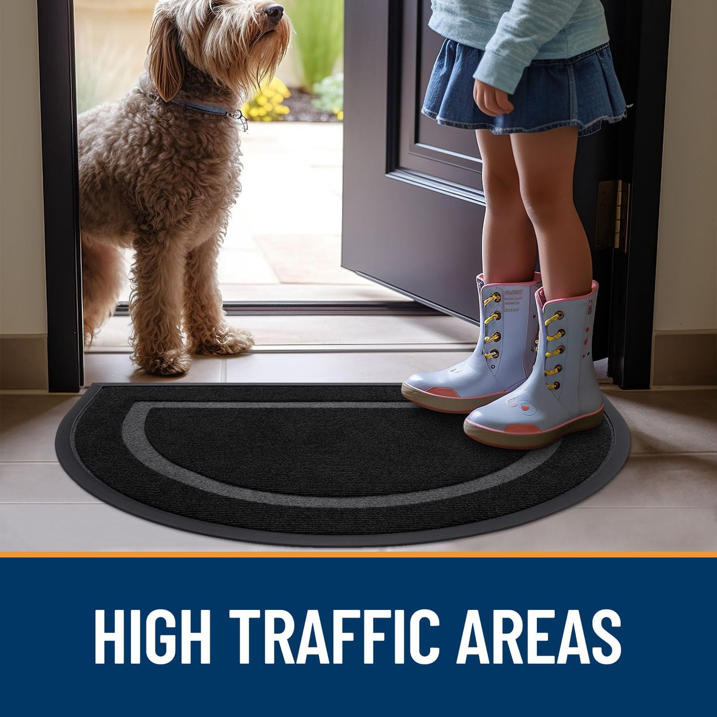 OLANLY Half Circle Door Mat Indoor Outdoor Entrance Welcome, Waterproof All-Season, All-Weather Doormat, Sturdy Natural Rubber, Low Profile, Easy Clean Patio Porch Entryway Mat, 47x32, Black