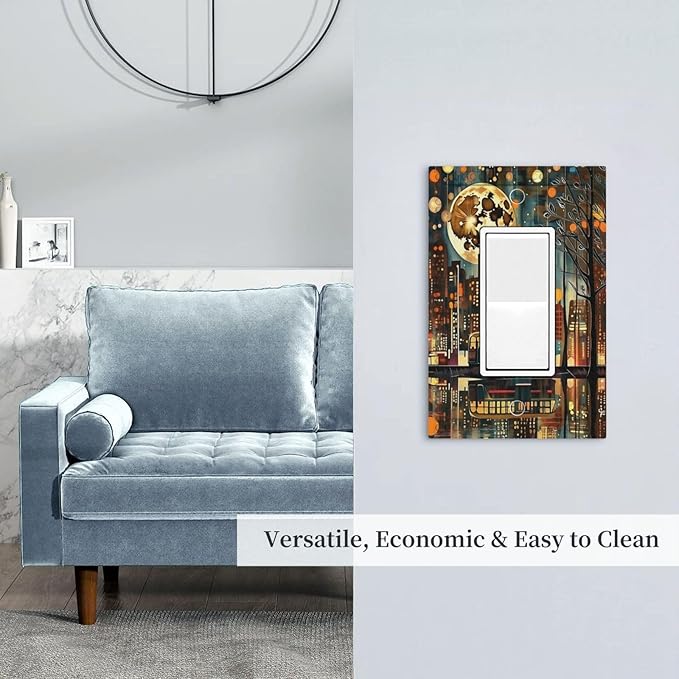 City Light Moon Bus Abstract Art Single Decora Outlet Wall Plate 1 Gang Rocker Decorative Switchplate Faceplate GFCI Light Switch Covers for Home Living Decor