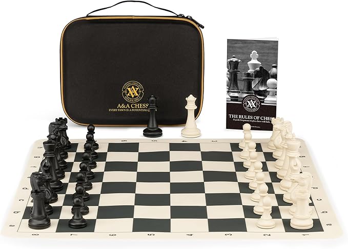 A&ampA Tournament Chess Set/ 20''x20'' Foldable Silicone Chess Board / 3.75'' King Height Plastic Quadruple Weighted Classic Staunton Pieces/Storage Bag for 6 Years Old - 2 Players
