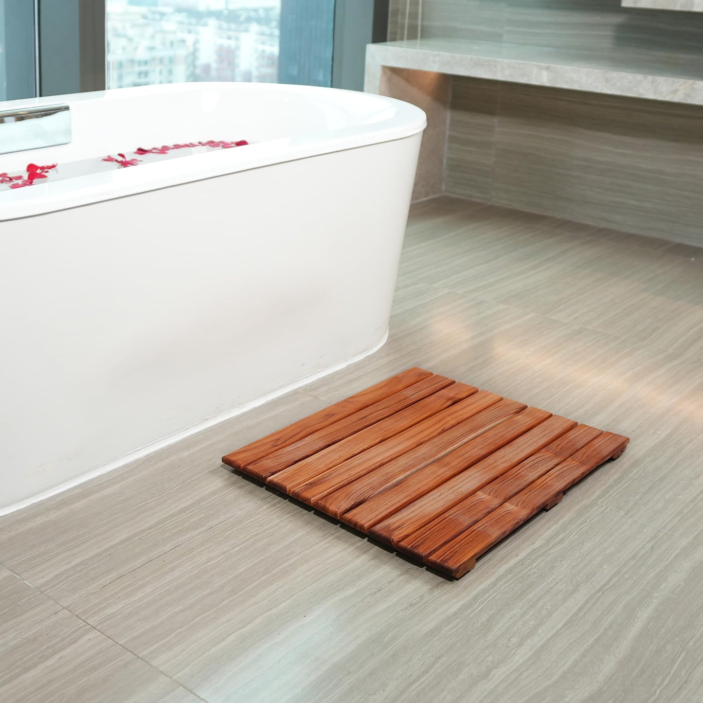 VaeFae Teak Shower Mat, Non-Slip Bath Mat, Luxury Spa Mat, Wooden Mat for Bathtub, 20 x 20 in