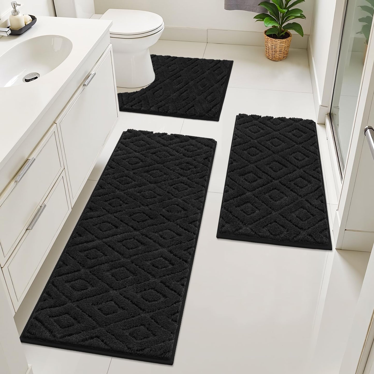 Bsmathom Bathroom Rugs Sets 3 Piece, Microfiber Shaggy Bath Mat Set, Ultra Soft Non-Slip Bath Rugs with U-Shaped Contour Toilet Mat for Bathroom, Tub, Shower Washable Carpets Set, Black