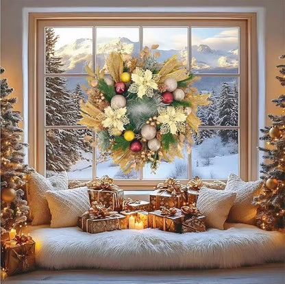 22inch Christams Wreath for Front Door, Artificial Gold Sparkling Flower Wreath, Class Gold Flower Ball Decoration, Used for Decorating Doors, Windows, Festive Hanging Decorations for Doors Mantel
