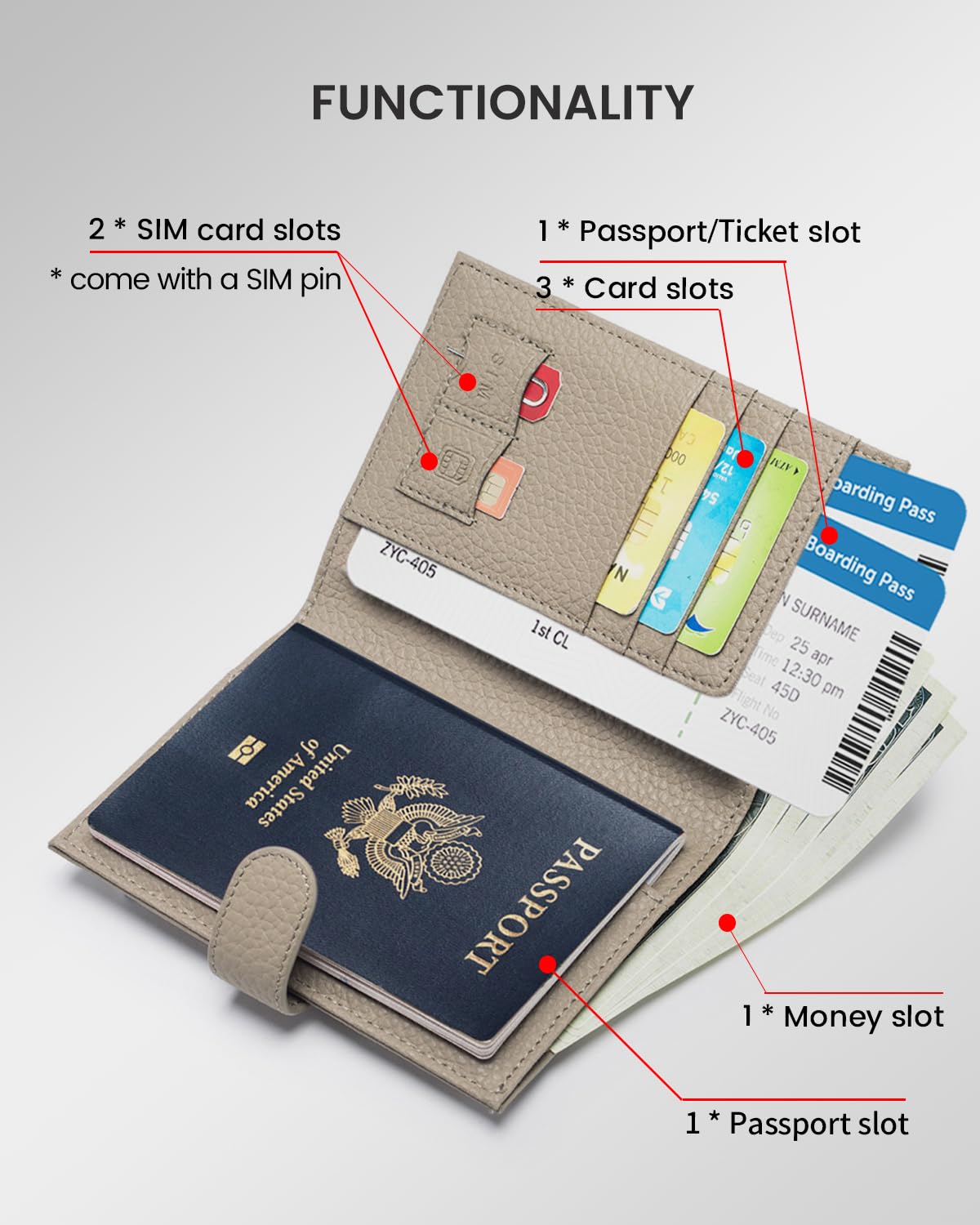 Karmiir RFID Passport Holder Travel Wallet for Women, Leather Passport Cover Wallet with Card Holders SIM Slots,Zippered Coins Pocket and Cash Slot Slim Compact Travel Wallet (Eephant Grey)