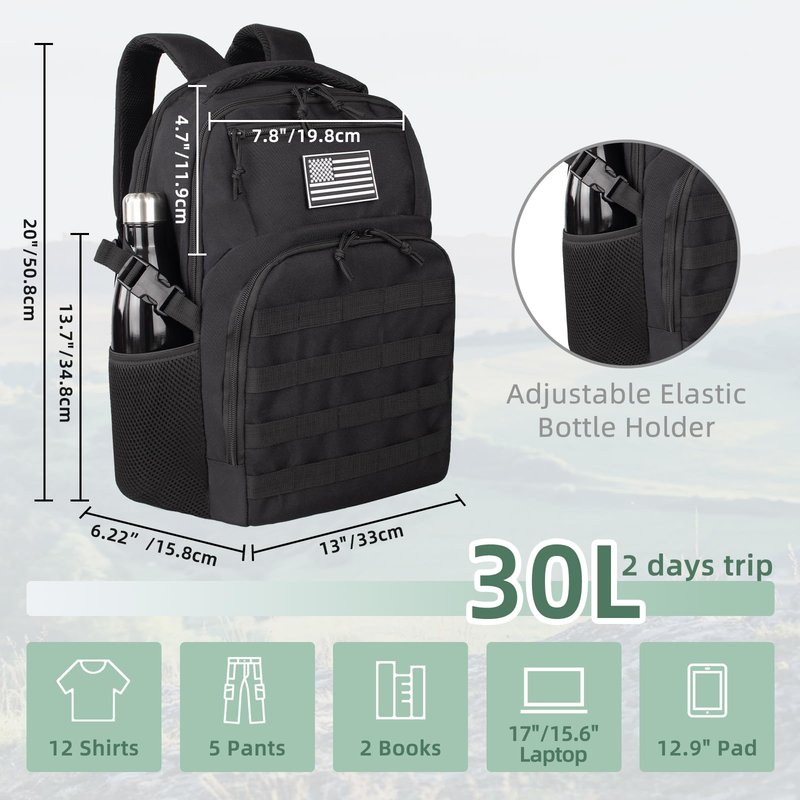 TBNBO Military Tactical Backpack for Travel Hiking,Black Backpack for Men with Bottle Holder, 30L Small Laptop Backpack for Work, Men's Assault Bag Back Pack