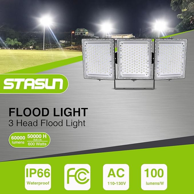 STASUN Flying Series Pro 600W 60000LM LED Flood Light Outdoor - IP66 Waterproof, 6000K Daylight White, 3 Panel Adjustable for Stadium, Arena, Yard, Street & Parking Lot Lighting