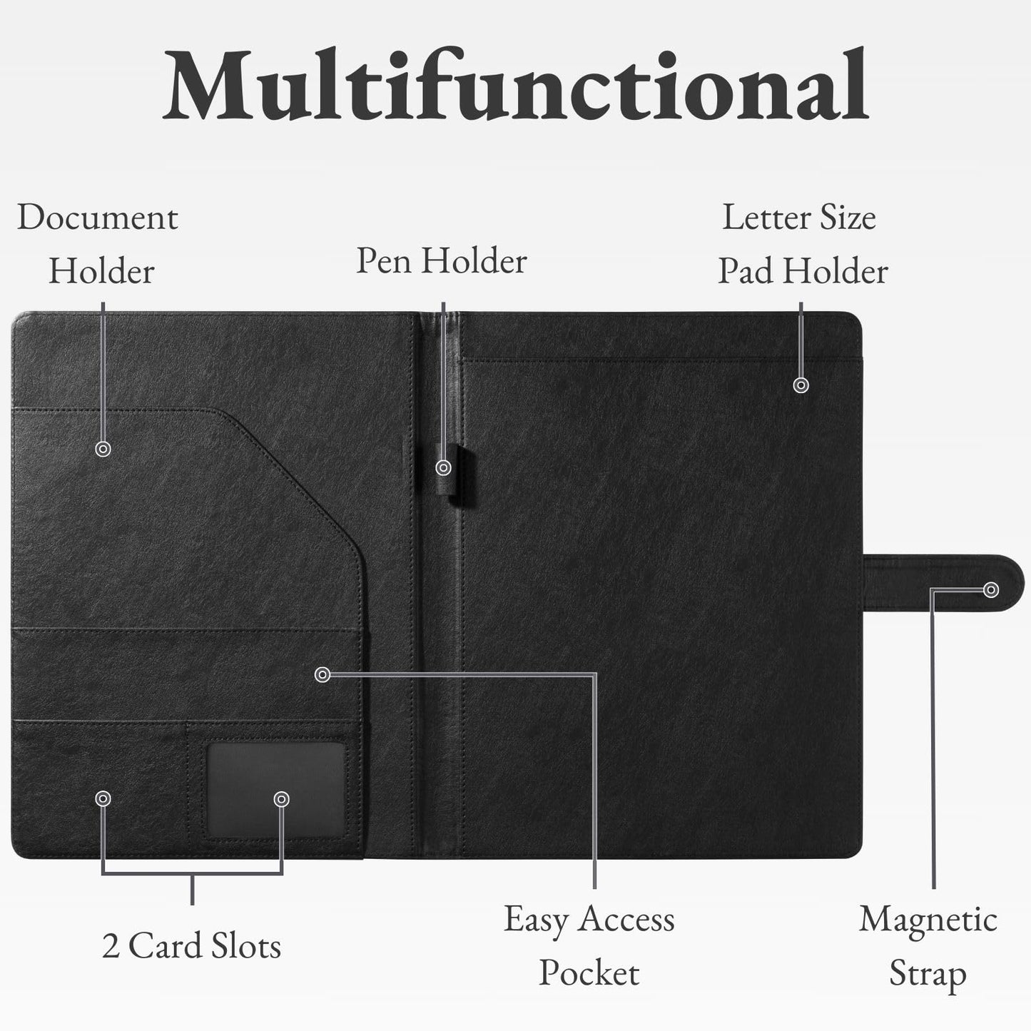 Mymazn Padfolio Portfolio Folder, Faux Leather Interview Resume Folder with Document Organizer & Business Card Holder, Letter-Sized Notepad Legal Pad Holder for Men Women (Black)