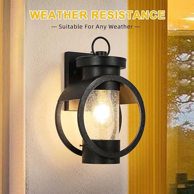 Dusk to Dawn Sensor Industrial Outdoor Wall Sconce Modern Exterior Wall Mounted Light Fixture Waterproof Outdoor Wall Lantern, Matte Black Outside Wall Lamp with Seeded Glass for House, Porch, Garage