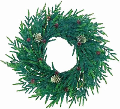 20 Inch Christmas Wreath for Front Door, Artificial Realistic Green Pine with Gold Pinecone, Door Wall Window Fireplace Party Decor