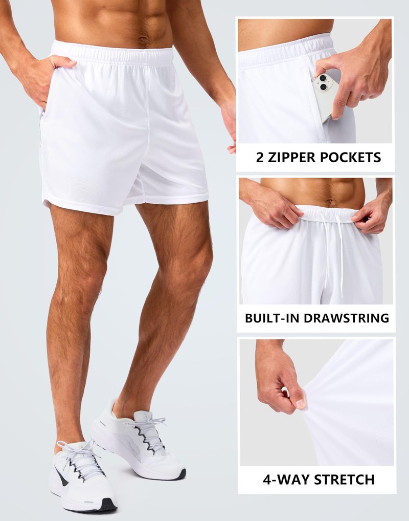 G Gradual Men's Gym Shorts 5"/7"/10" with Zipper Pockets Basketball Athletic Mesh Quick Dry Shorts for Workout Running Tennis (5 inch, White, XX-Large)