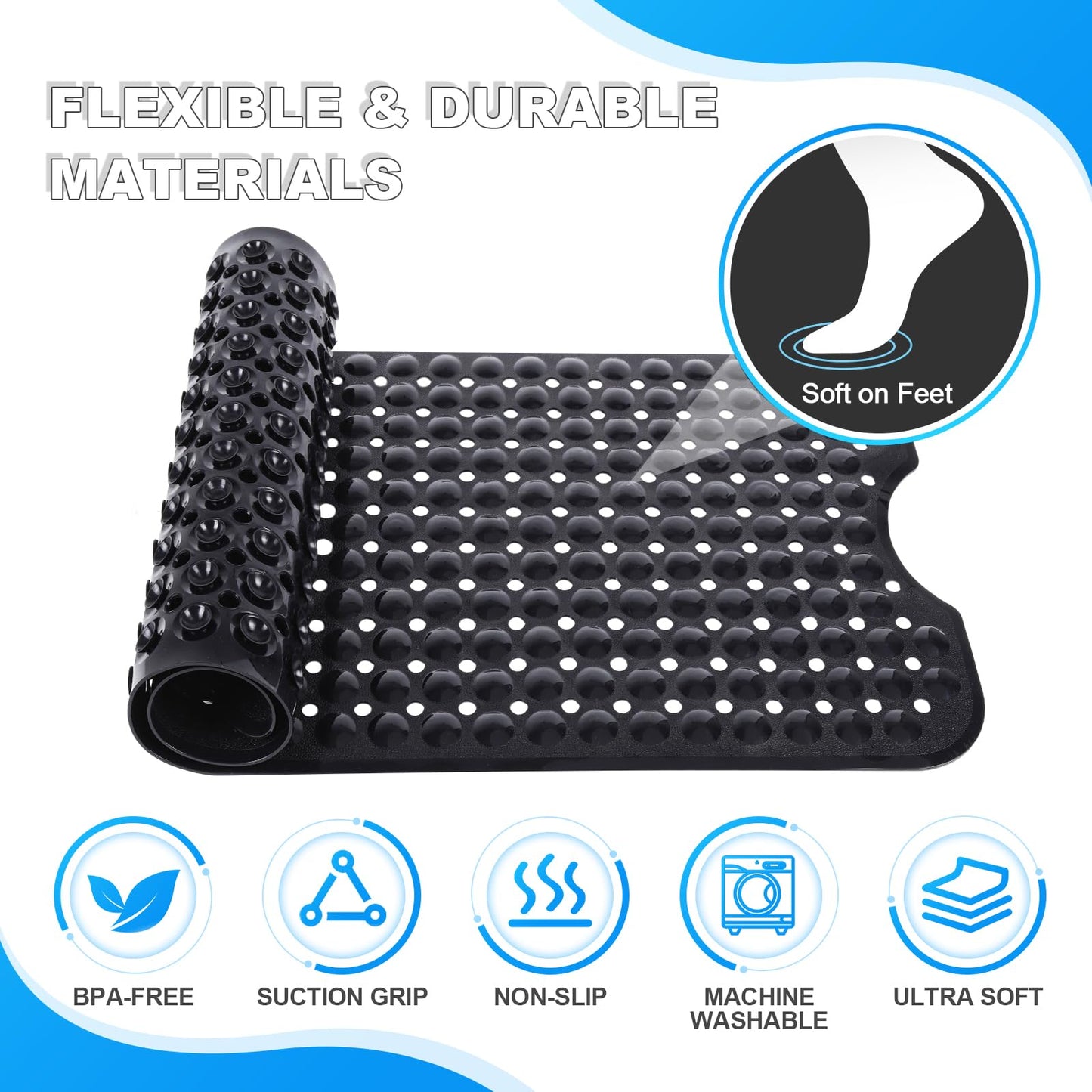Linoows Bathtub and Shower Mats, 40x16 Inch Extra Large Non Slip Soft Bath Tub Mat with Suction Cups and Drain Holes for Bathroom Floor and Keep Tubs Clean, Machine Washable, Black
