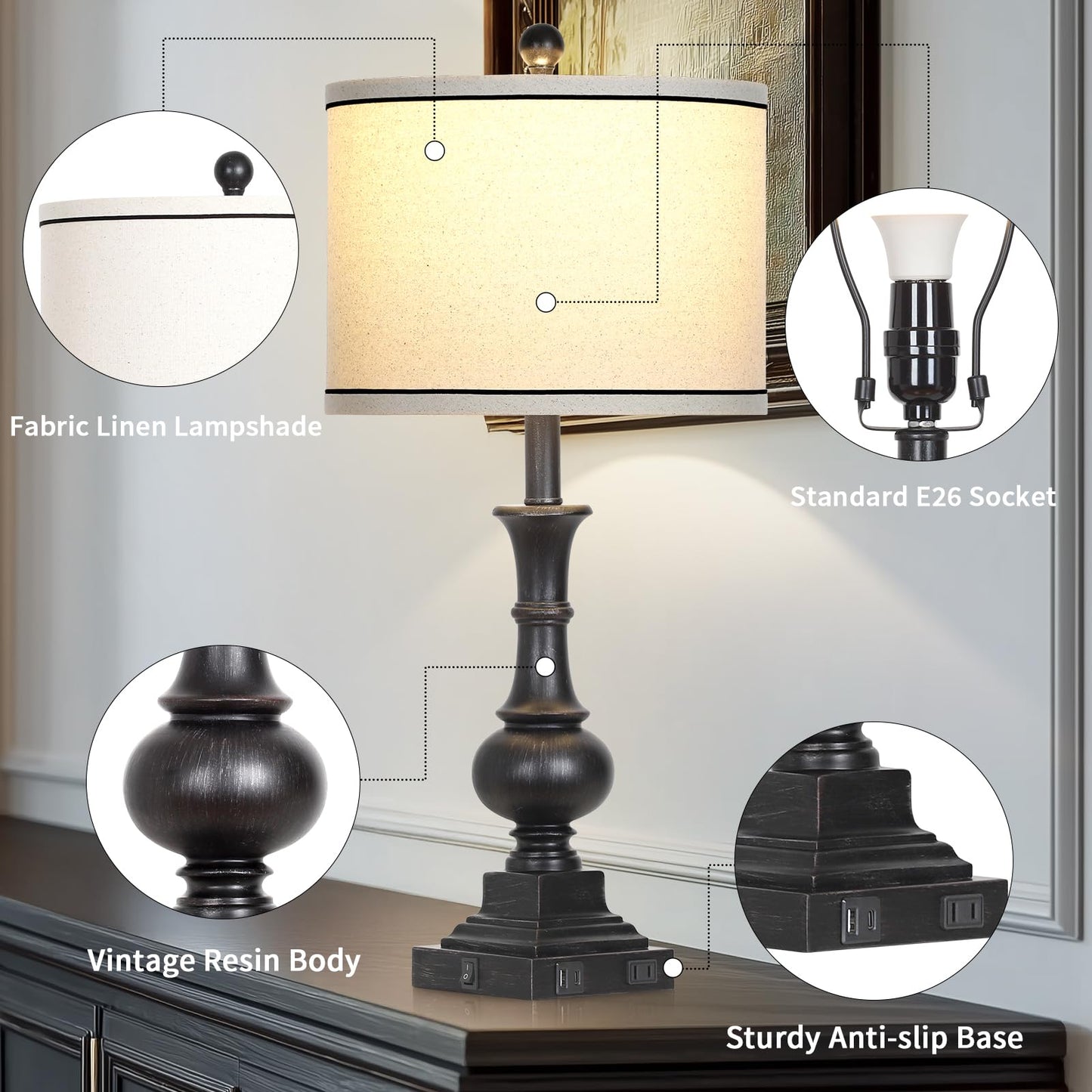 luxeflow Farmhouse Table Lamps Set of 2, Vintage Bedside Lamps with USB A+C Charging Ports & AC Outlet, 26" Rustic Nightstand Lamp for Living Room Bedroom End Table Wash Black(2 LED Bulbs Included)