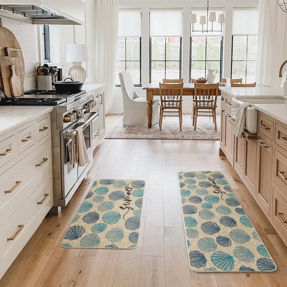 Artoid Mode Blue Shell Conch Summer Kitchen Mats Set of 2, Seasonal Sweet Home Decor Low-Profile Kitchen Rugs for Floor - 17x29 and 17x47 Inch