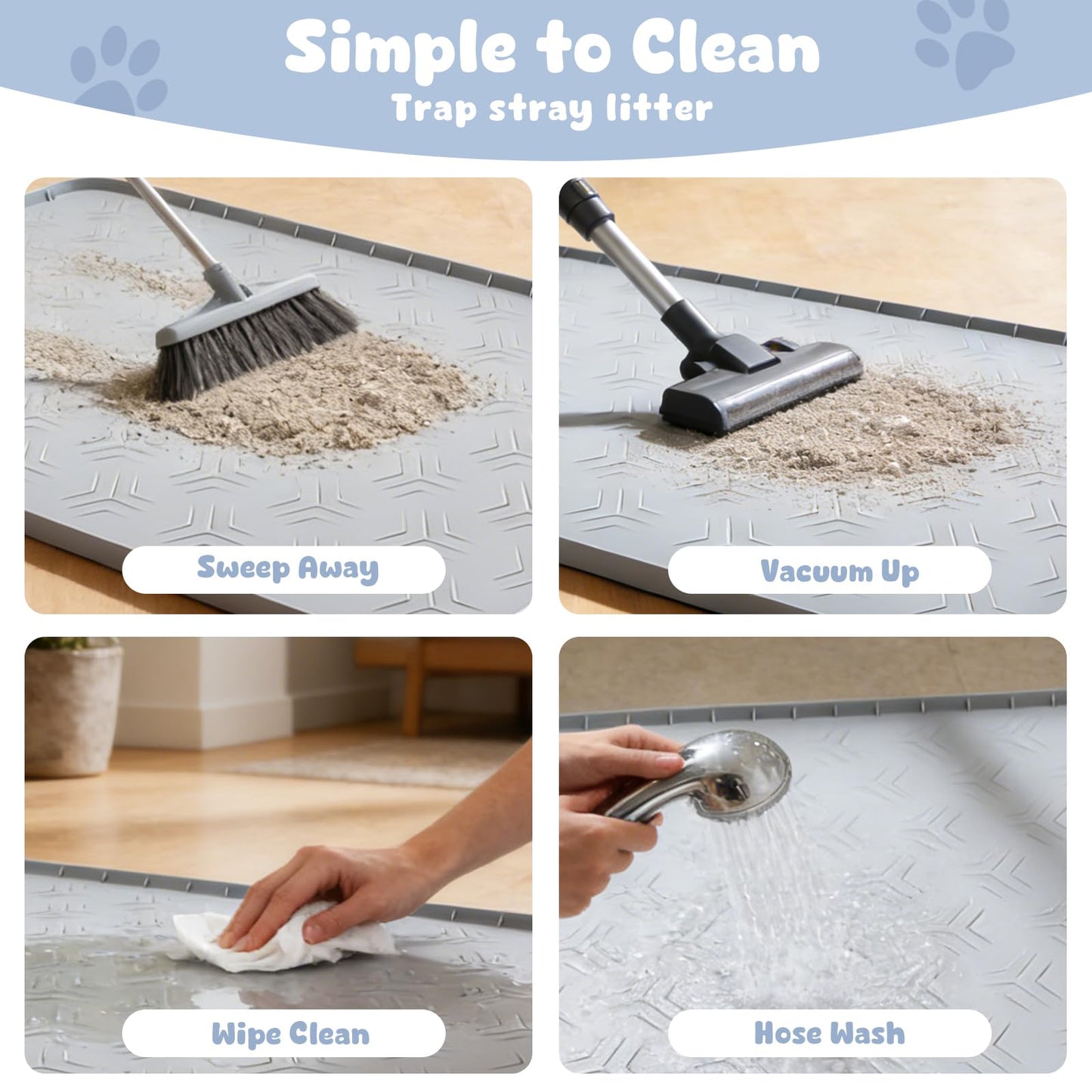 JUJOMAT Cat Litter Box Mat, 34"×22" Waterproof Silicone Cat Litter Trapping Mat Non-Slip Gray Kitty Litter Mat for Indoor Cats, Rubber Pet Food Mats with Lip Easy to Clean & Soft
