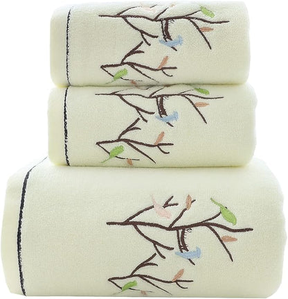 Pidada Bath Hand Towel Set of 3 Embroidered Bird Tree Pattern 100% Cotton Soft