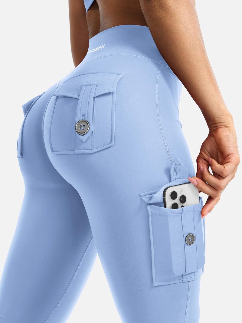 YEOREO CoreFlex Women Workout Flare Leggings with Pockets Hidden Scrunch High Waisted Cargo Gym Yoga No Front Seam Leggings Light Blue XL