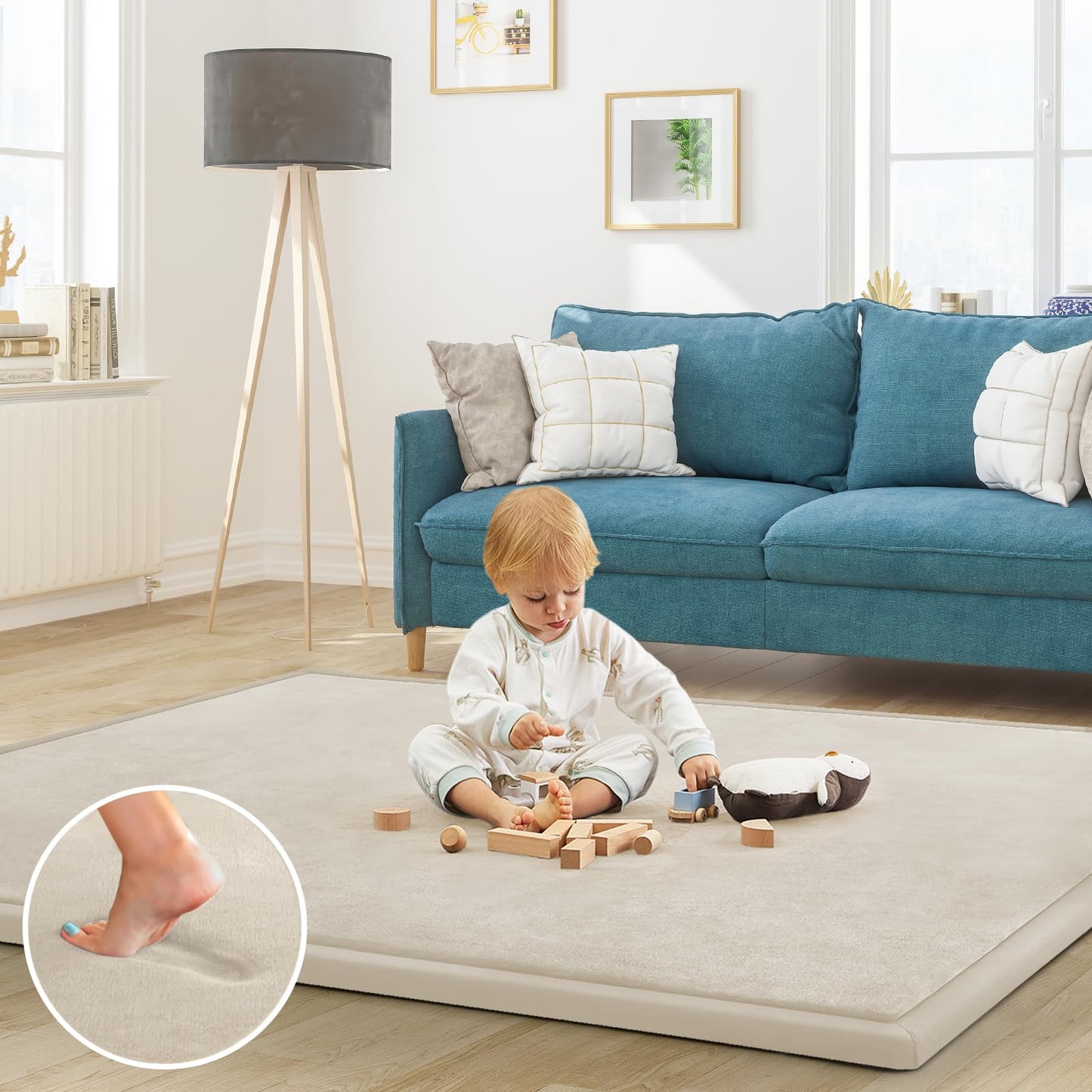 ILPEOD Baby Play Mat for Floor Nursery Rug Muscle Mat Area Rug Playroom Rug 50"x50" Playpen Mat Elastic Foam 1.3" Thick Crawling Mat for Babies,Toddlers, Infants, Kids,A Beige
