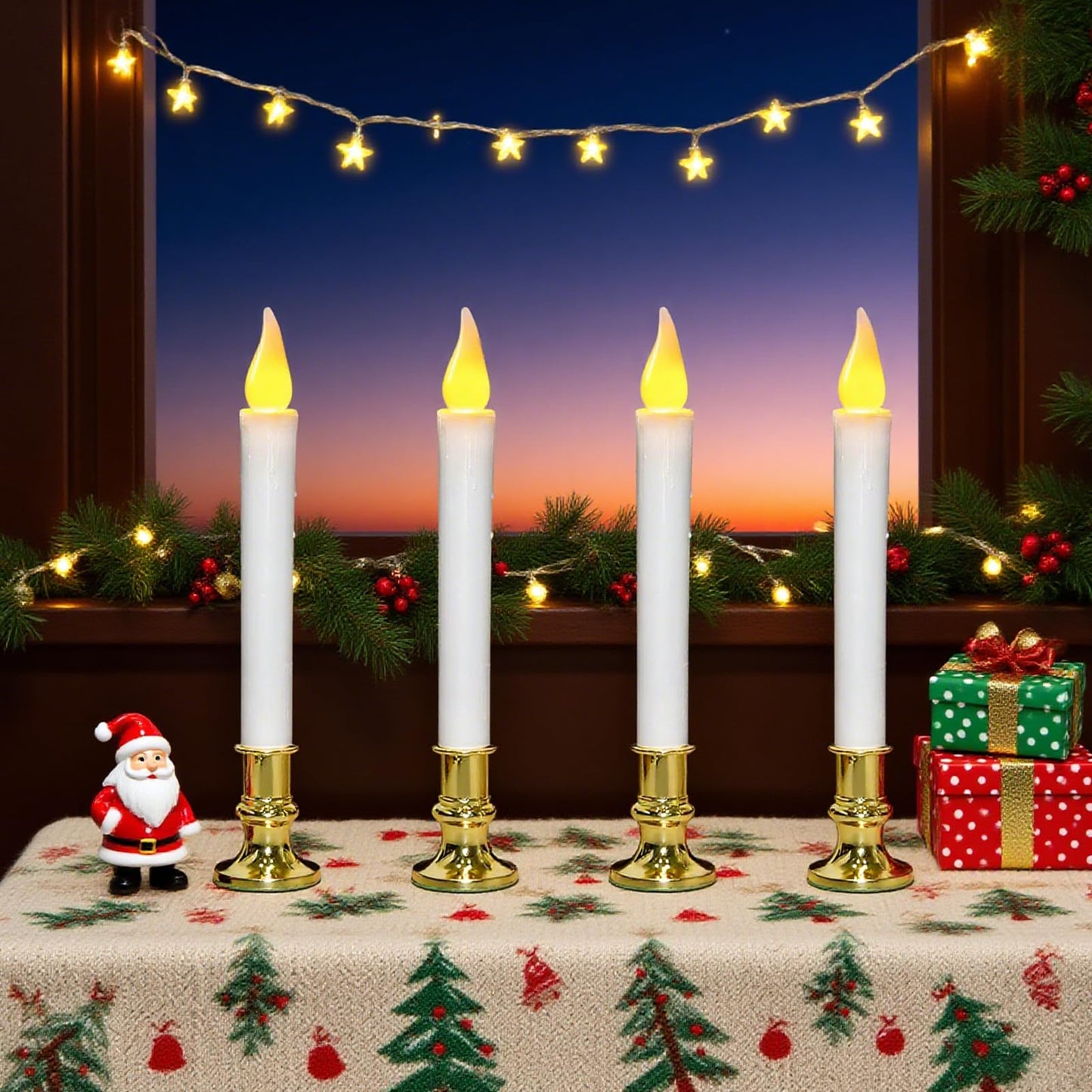 CHYSUPER 4Pack Christmas Window Candles Battery Operated with Timer, 6H/18H Auto On/Off, LED Flameless Candles with Realistic Flickering Flame and Suction Cups for Holiday Home Decor