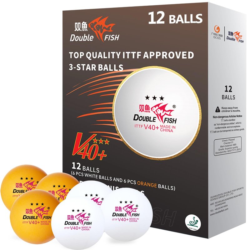 DOUBLE FISH Ping Pong Balls - White & Orange 3-Star Table Tennis Balls - High Performance V40+ ABS Balls Ultimate Durability Training Ball 12 Pack