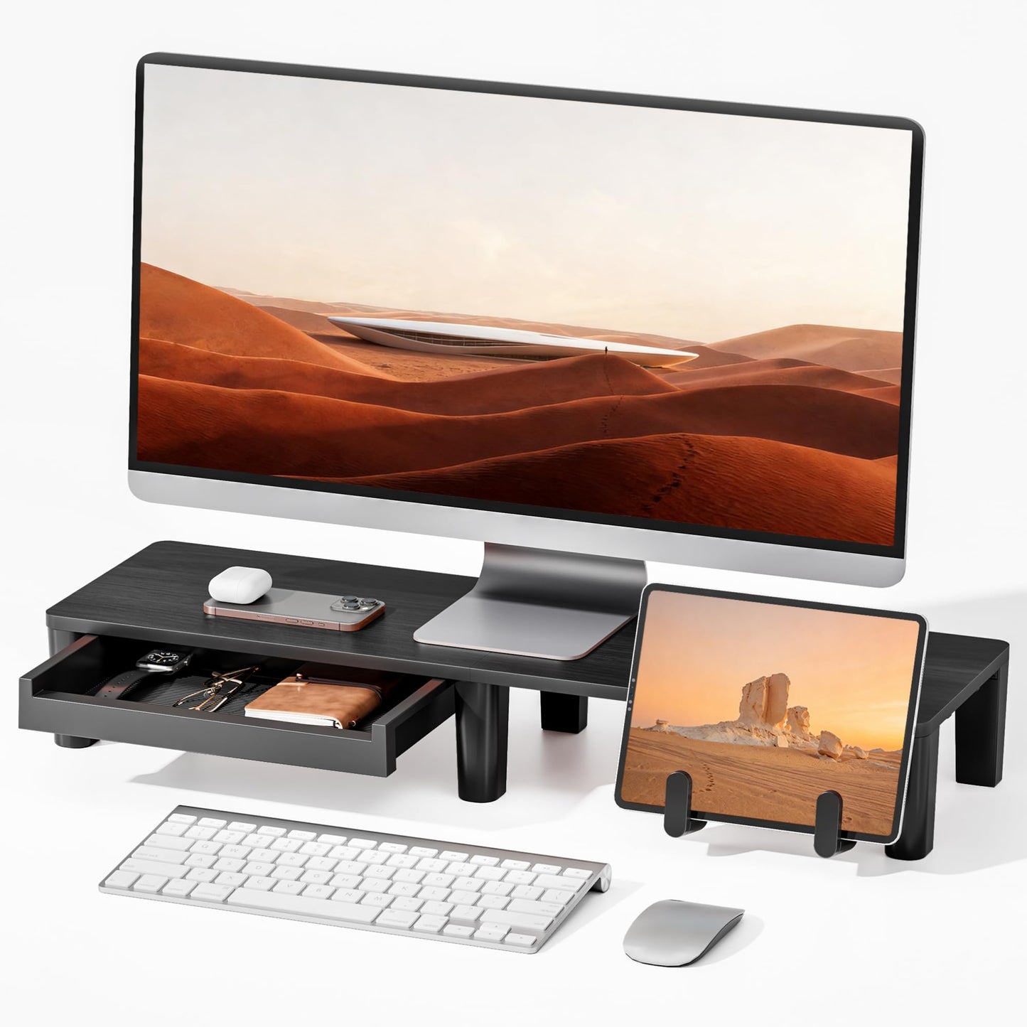 PEGZONE Monitor Stand Riser for Desk, Ergonomic Computer Riser with Storage Drawer, Desktop Shelf Organizer for PC, Laptop, Desk Computer Riser For Home Office