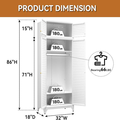 Polup Metal Armoire Wardrobe Closet, 86" Tall Wardrobe Armoire with Hanging Rod, Almirah for Clothes with Doors, 18" D x 32" W x 86" H, White, Assemble Required, Shipped in Two Packages